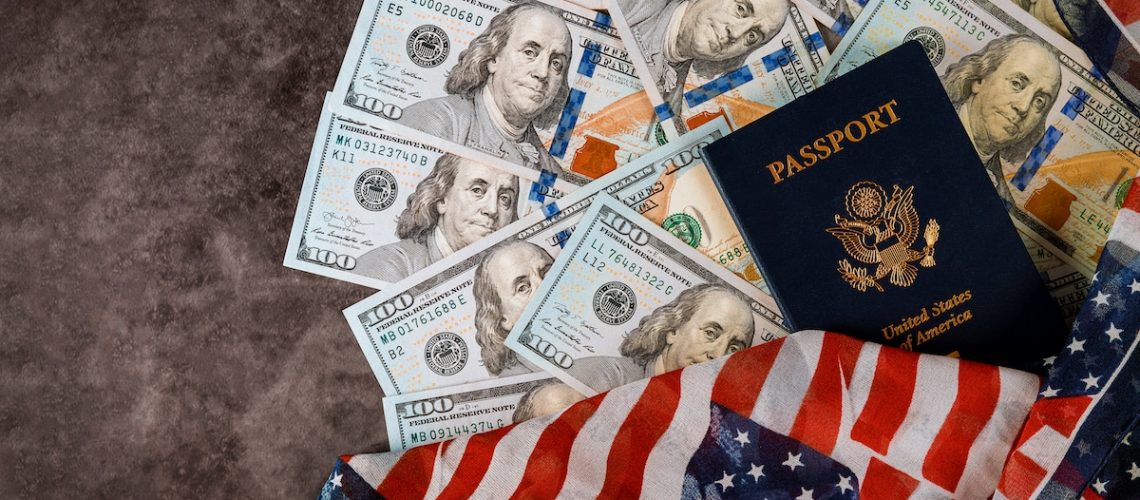 American Passport Close-Up american dollars money of USA Flag.